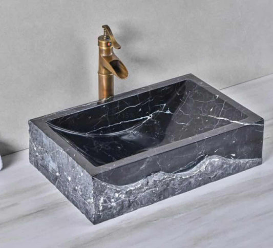 Modern Rectangular Bathroom Sink – Natural Nero Marquina Marble Stone Wash Basin