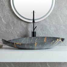 Load image into Gallery viewer, Luxury Irregular Black Porcelain Vessel Sink – Modern Art Face Boat Shape Countertop Hand Wash Basin for Bathroom Vanity
