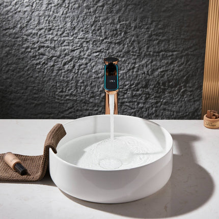 Rose Gold Modern Bathroom Sink Faucet Made of Solid Brass, Bathroom Vanity Art Faucet with High Pressure Hot and Cold Water Hose