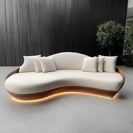 Canapé deux places blanc moderne – Structure en bois deux places avec motif de cercle lunaire et coussins en tissu (Dimensions personnalisables – Contactez-nous pour un devis)