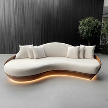 Load image into Gallery viewer, Modern White Loveseat Sofa – Double Seat Wooden Frame with Moon Circle Design and Fabric Cushions
