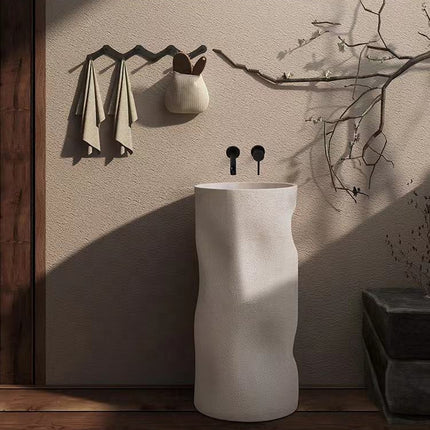 Cylindrical Freestanding Pedestal Sink – Cream Artificial Stone Bathroom Wash Basin