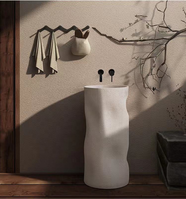 Cylindrical Freestanding Pedestal Sink – Cream Artificial Stone Bathroom Wash Basin