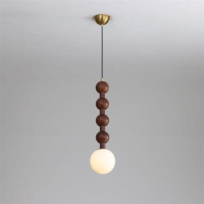 Single Head Spherical Wooden Glass Pendant Light for Bedroom Indoor Hanging Lamp