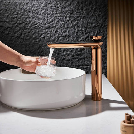 Rose Gold Modern Bathroom Sink Faucet Made of Solid Brass, Bathroom Vanity Art Faucet with High Pressure Hot and Cold Water Hose