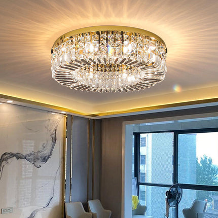 Moderner runder Kronleuchter von Shandeliers mit LED-Kristall in Gold, ideal für Esszimmer und als luxuriöse Pendelleuchte.