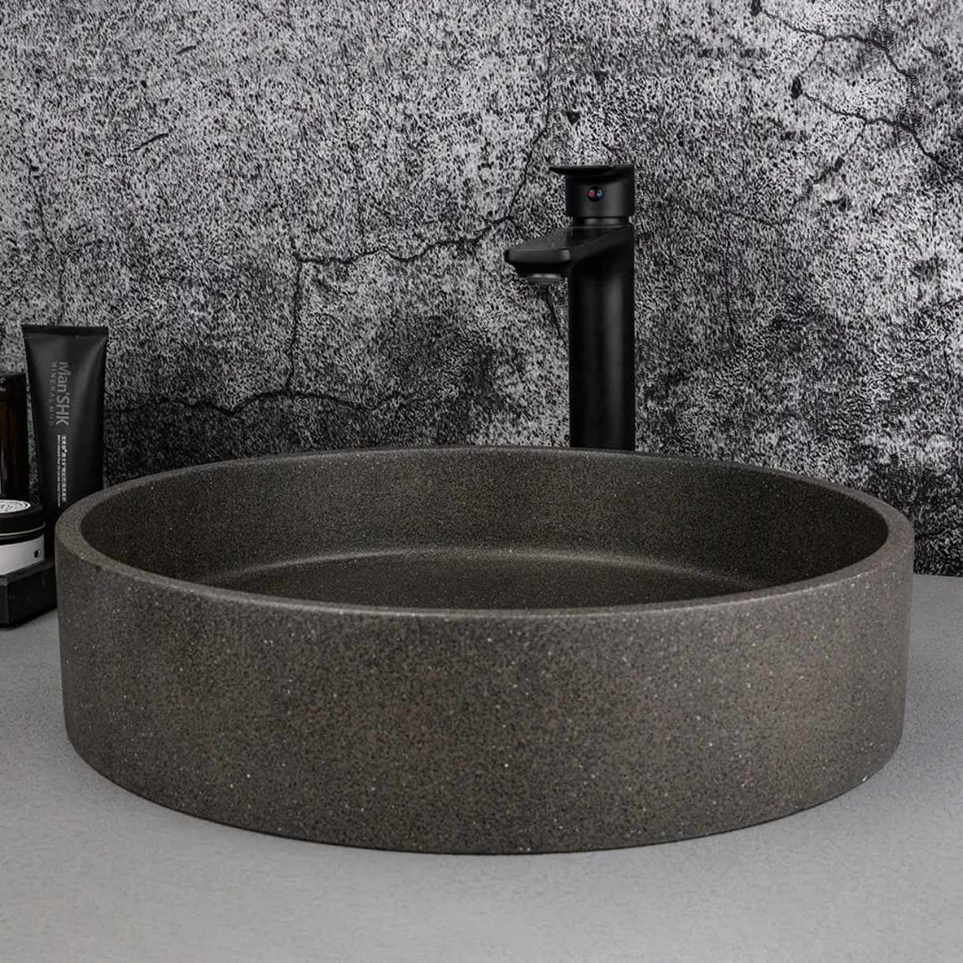 Modern Round Concrete Bathroom Sink – Black Countertop Cement Wash Basin Bowl