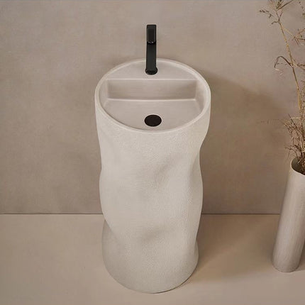 Cylindrical Freestanding Pedestal Sink – Cream Artificial Stone Bathroom Wash Basin