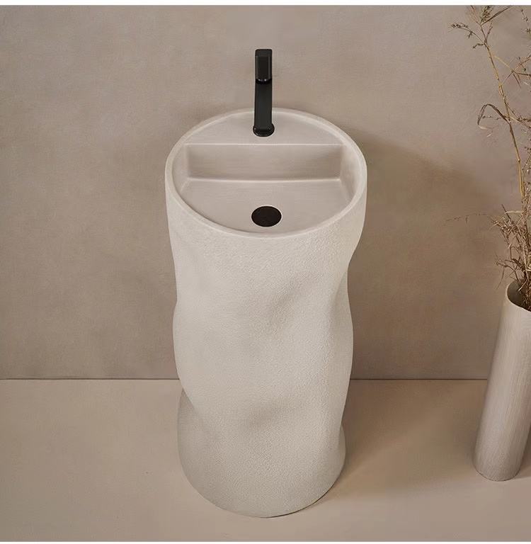 Cylindrical Freestanding Pedestal Sink – Cream Artificial Stone Bathroom Wash Basin