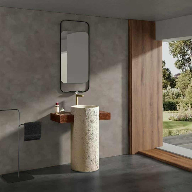 Freestanding Yellow Travertine Bathroom Sink – Floor Mounted Artistic Pedestal Hand Wash Basin in Artificial Stone