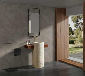 Freestanding Yellow Travertine Bathroom Sink – Floor Mounted Artistic Pedestal Hand Wash Basin in Artificial Stone