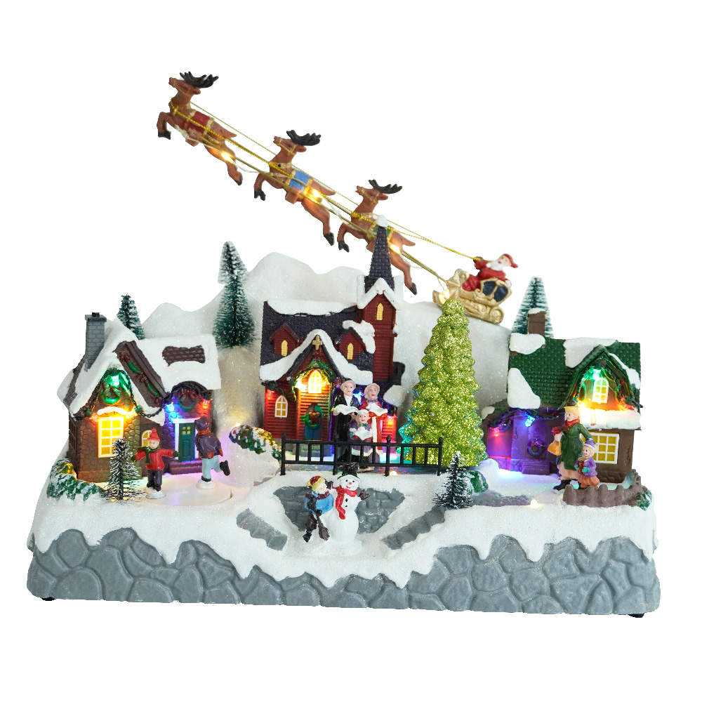 Christmas Village With Up & Down Moving Reindeer Sleigh Christmas Resin Village Snow House Figurine