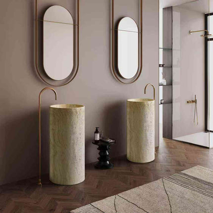 Freestanding Yellow Travertine Bathroom Sink – Floor Mounted Artistic Pedestal Hand Wash Basin in Artificial Stone