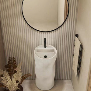 Cylindrical Freestanding Pedestal Sink – Cream Artificial Stone Bathroom Wash Basin