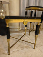 Load image into Gallery viewer, Side Table Polished Marble Seat Gilded Medusa Medallion Detail Geometric Silhouette Refined Opulence Ideal  Luxury Interiors
