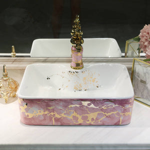Pink & Gold Artistic Ceramic Washbasin – Modern Rectangle Countertop Basin for Hotel & Bathroom
