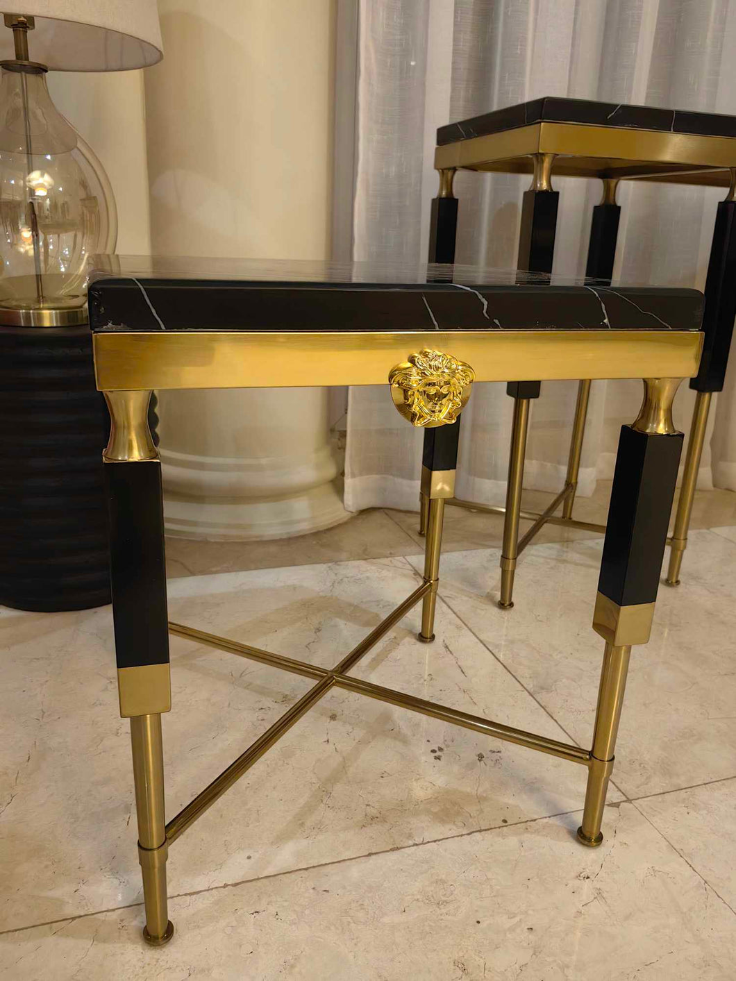 Side Table Polished Marble Seat Gilded Medusa Medallion Detail Geometric Silhouette Refined Opulence Ideal  Luxury Interiors