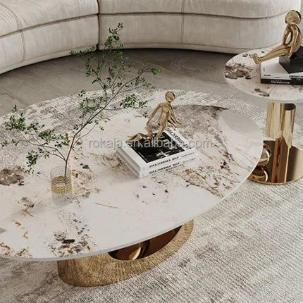 Luxury Sintered Stone Top Ellipse Coffee Table Side Table Combination Modern Silver Gold Stainless Steel Center Table Set