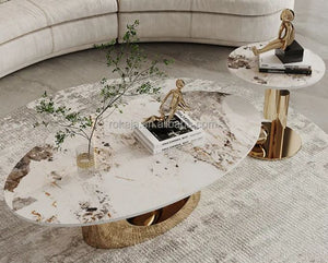 Luxury Sintered Stone Top Ellipse Coffee Table Side Table Combination Modern Silver Gold Stainless Steel Center Table Set