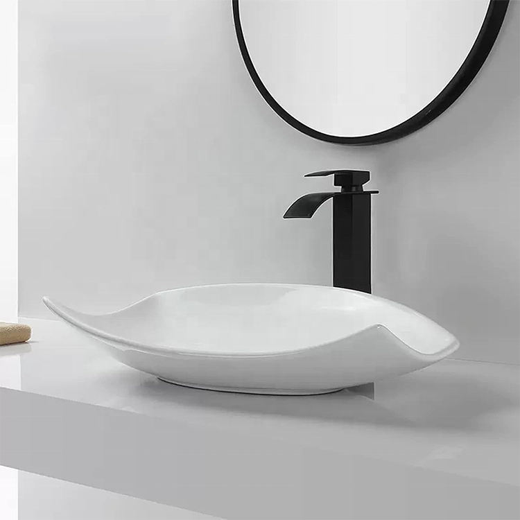 Unique Design White Porcelain Above Counter Hand Washing Basin Modern Bathroom Art Vessel Sink Irregular Shape Top Mount Vanity Wash Basin