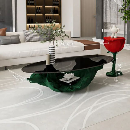 Table basse ovale élégante en verre trempé Leaf Designer Art, style moderne et raffiné, allure luxueuse et haut de gamme. 