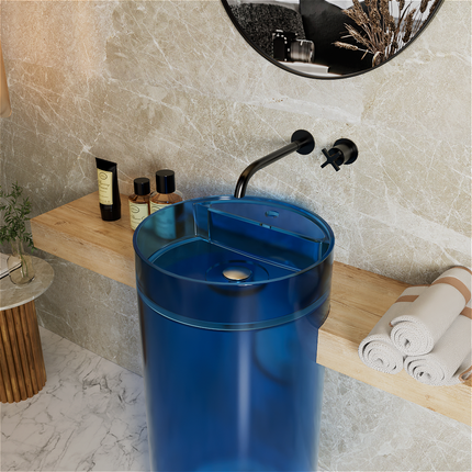 Modern Freestanding Solid Surface Stone Sink – Round Polished Finish Pedestal Wash Basin for Luxury Hotel and Home Bathrooms