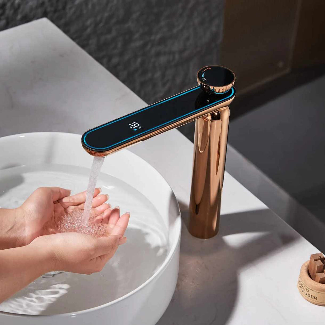 Rose Gold Modern Bathroom Sink Faucet Made of Solid Brass, Bathroom Vanity Art Faucet with High Pressure Hot and Cold Water Hose