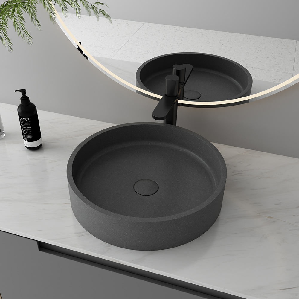 Modern Round Concrete Bathroom Sink – Black Countertop Cement Wash Basin Bowl