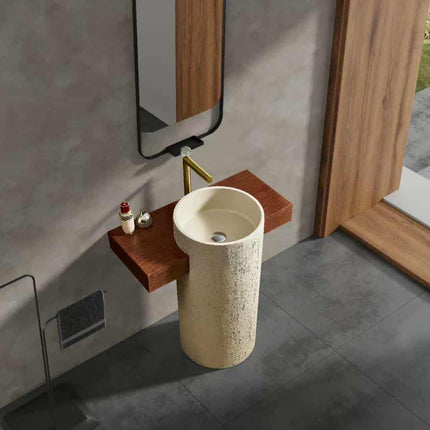 Freestanding Yellow Travertine Bathroom Sink – Floor Mounted Artistic Pedestal Hand Wash Basin in Artificial Stone