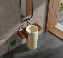 Load image into Gallery viewer, Freestanding Yellow Travertine Bathroom Sink – Floor Mounted Artistic Pedestal Hand Wash Basin in Artificial Stone
