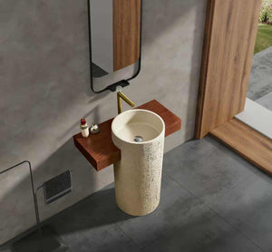 Freestanding Yellow Travertine Bathroom Sink – Floor Mounted Artistic Pedestal Hand Wash Basin in Artificial Stone