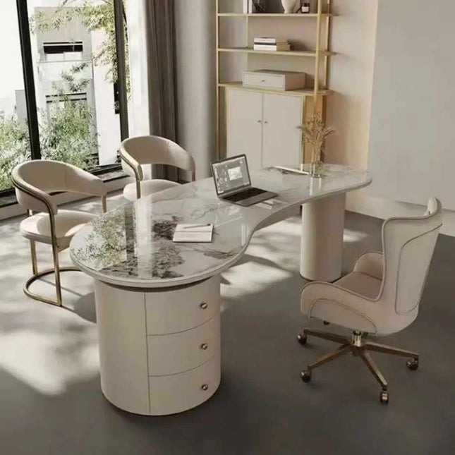 Bureau design avec rangement intégré, bureau moderne et luxueux en marbre incurvé