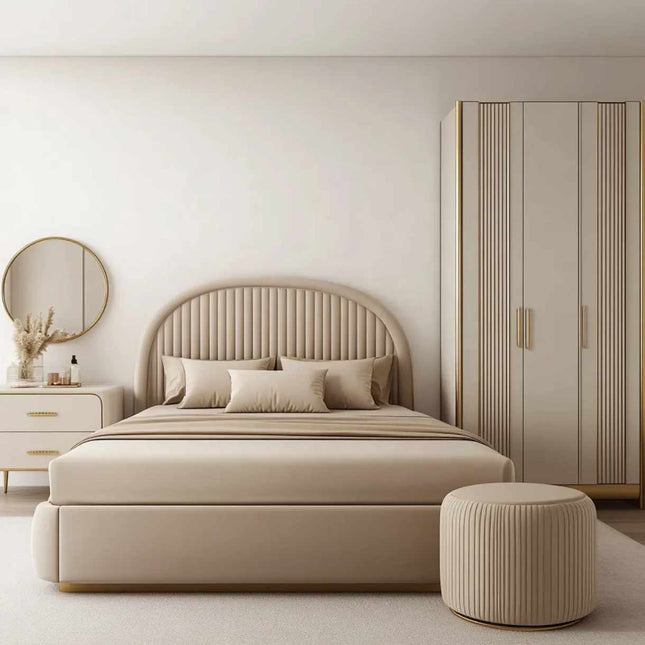 Modern Luxury King Size Bedroom Bed Set with Upholstered Headboard and Solid Oak Wood Frame