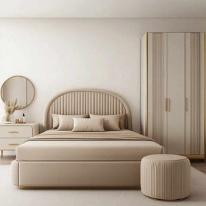 Modern Luxury King Size Bedroom Bed Set with Upholstered Headboard and Solid Oak Wood Frame