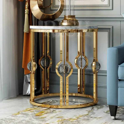 Luxury Living Room Stainless Steel Electroplated Side Table Round Table Corner End Table with Marble Top Gold Stainless Steel Side Tables