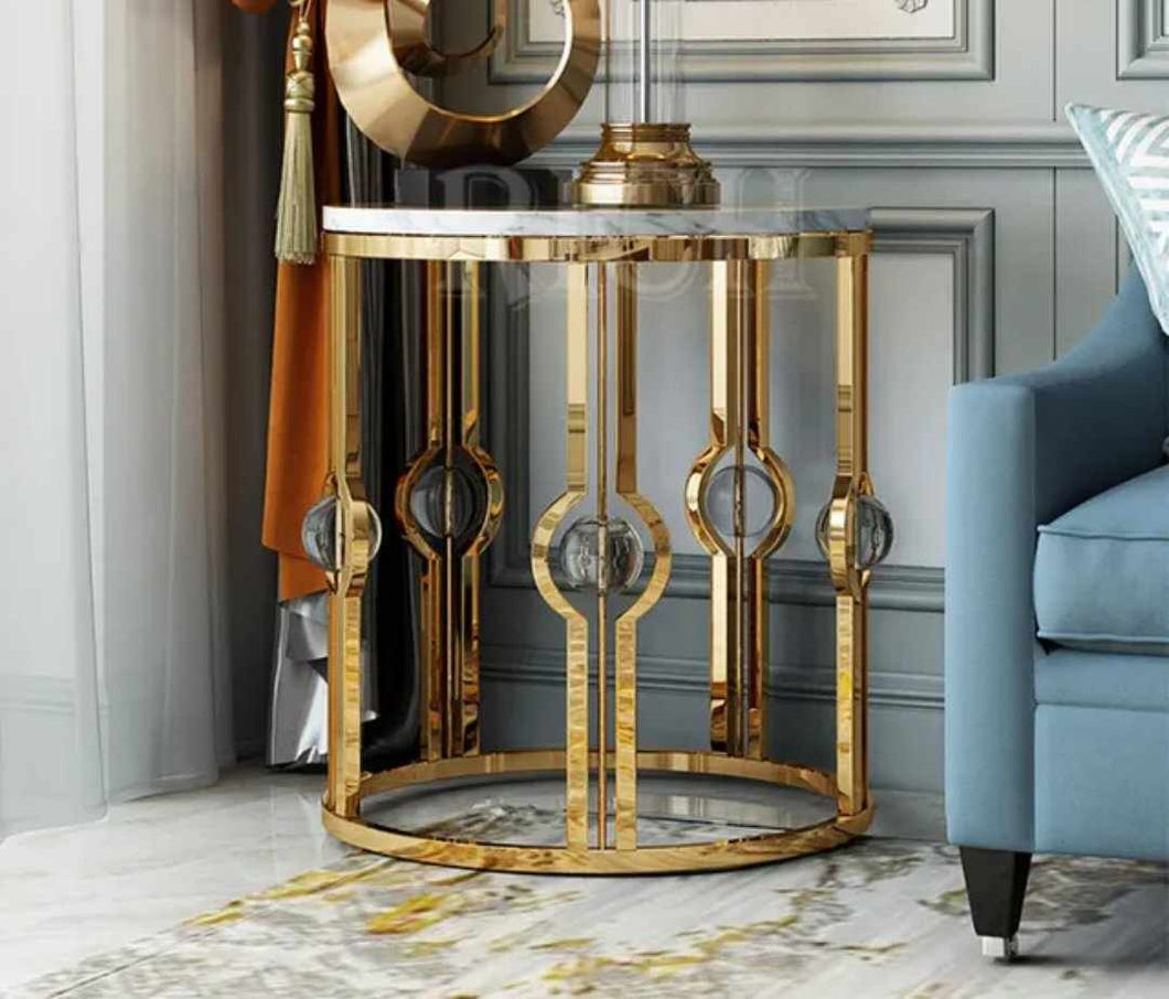 Luxury Living Room Stainless Steel Electroplated Side Table Round Table Corner End Table with Marble Top Gold Stainless Steel Side Tables