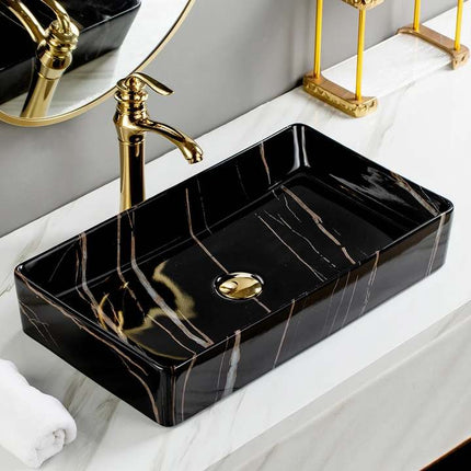 Luxury Electroplated Porcelain Vessel Sink – Large Black Pattern Art Lavatory Basin for Bathroom Vanity and Tabletop Installation