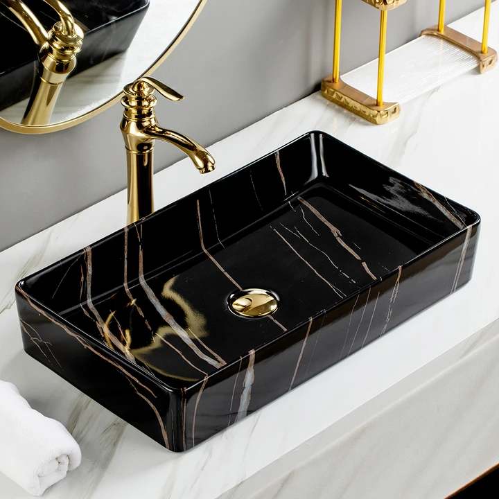 Luxury Electroplated Porcelain Vessel Sink – Large Black Pattern Art Lavatory Basin for Bathroom Vanity and Tabletop Installation