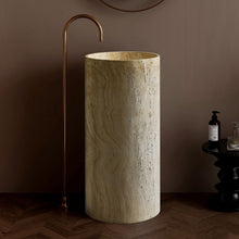Load image into Gallery viewer, Freestanding Yellow Travertine Bathroom Sink – Floor Mounted Artistic Pedestal Hand Wash Basin in Artificial Stone

