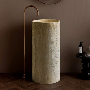 Freestanding Yellow Travertine Bathroom Sink – Floor Mounted Artistic Pedestal Hand Wash Basin in Artificial Stone