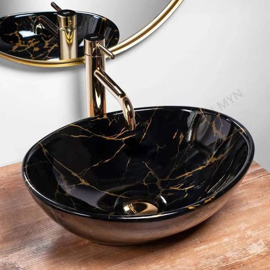Porcelain Bathroom Small Size Countertop Black Marble Washbasin Color Sink