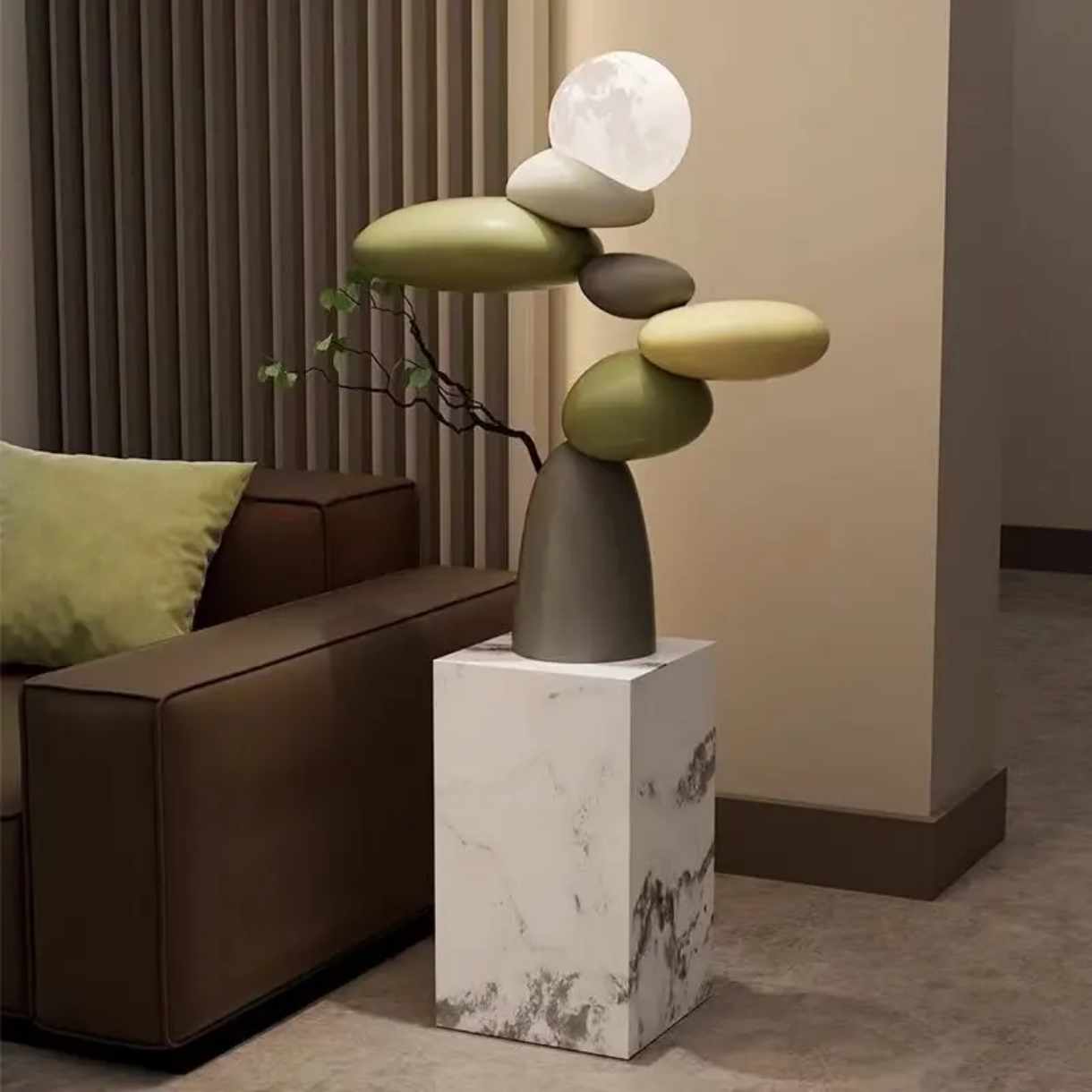 Light Luxury Stone Floor Decoration with LED Night Light | Modern Living Room TV Cabinet and Sofa Side Decorative Accent Lighting