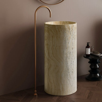 Freestanding Yellow Travertine Bathroom Sink – Floor Mounted Artistic Pedestal Hand Wash Basin in Artificial Stone