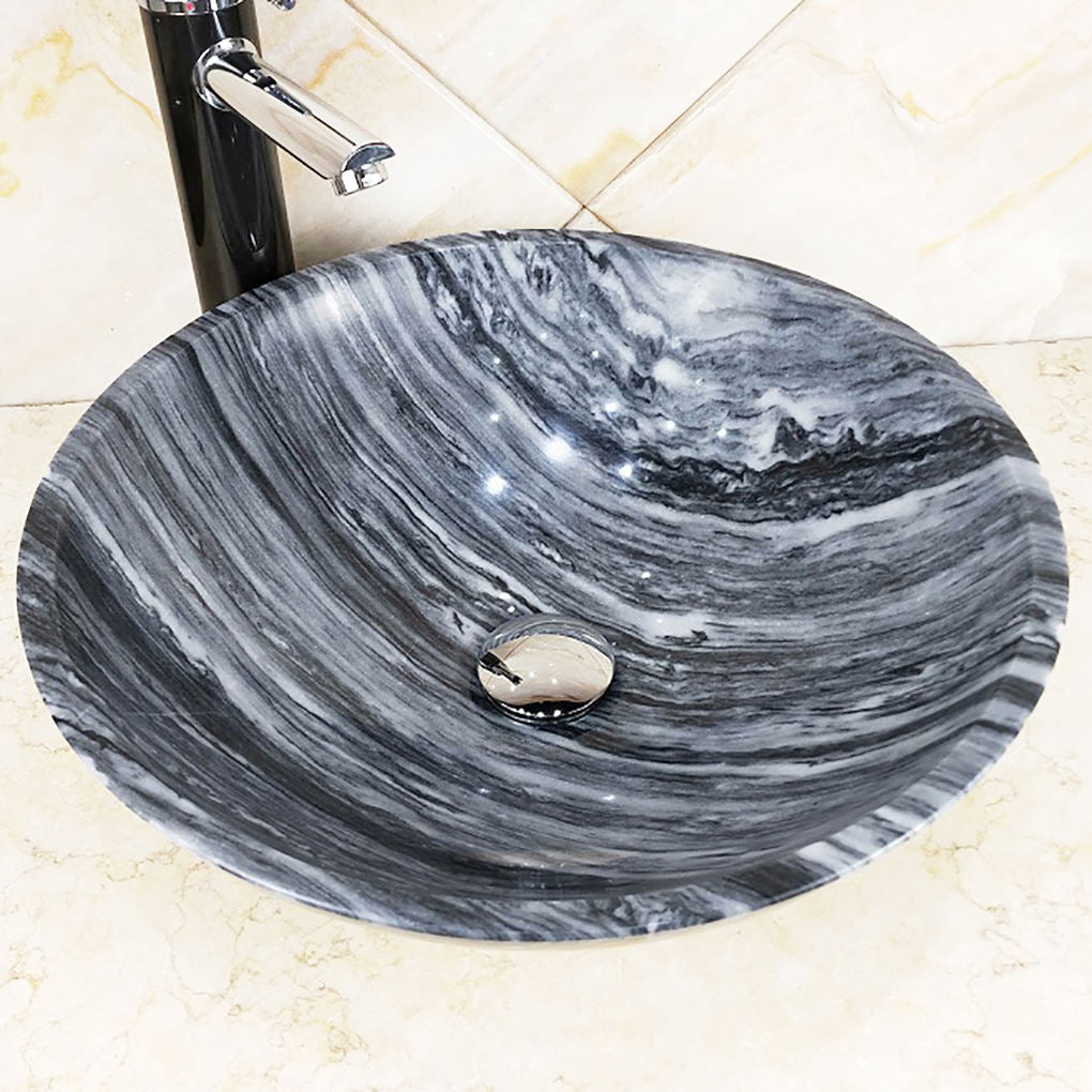 Polished Black Marble Bathroom Sink – Round Natural Stone Vanity Hand Basin