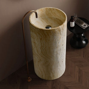 Freestanding Yellow Travertine Bathroom Sink – Floor Mounted Artistic Pedestal Hand Wash Basin in Artificial Stone