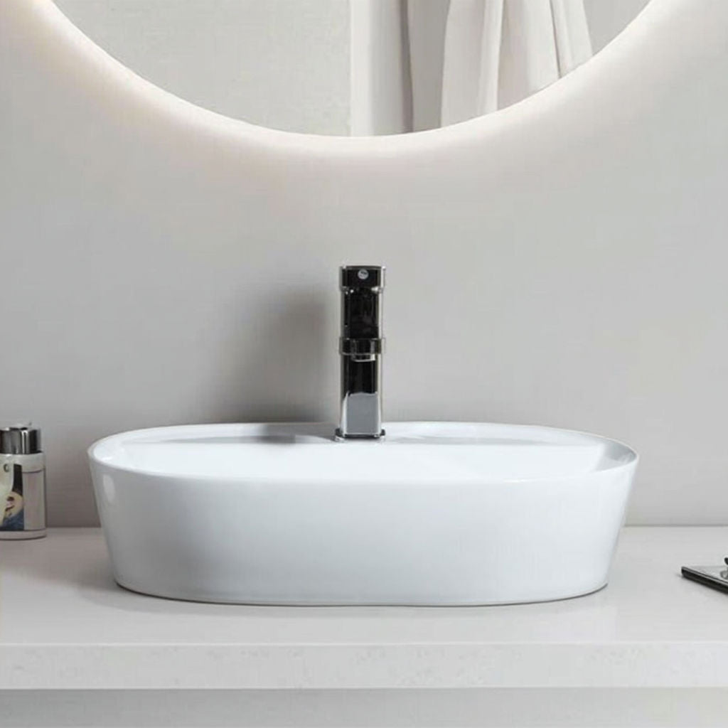 Modern White Ceramic Oval Washbasin Small Size Counter Top Sanitary Wares for Villa Apartment Single Hole Faucet