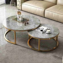 Load image into Gallery viewer, Luxury Marble Top Coffee Table | Modern Simple White Metal and Gold Nesting Tables | Contemporary Stone Panel Living Room Furniture Set
