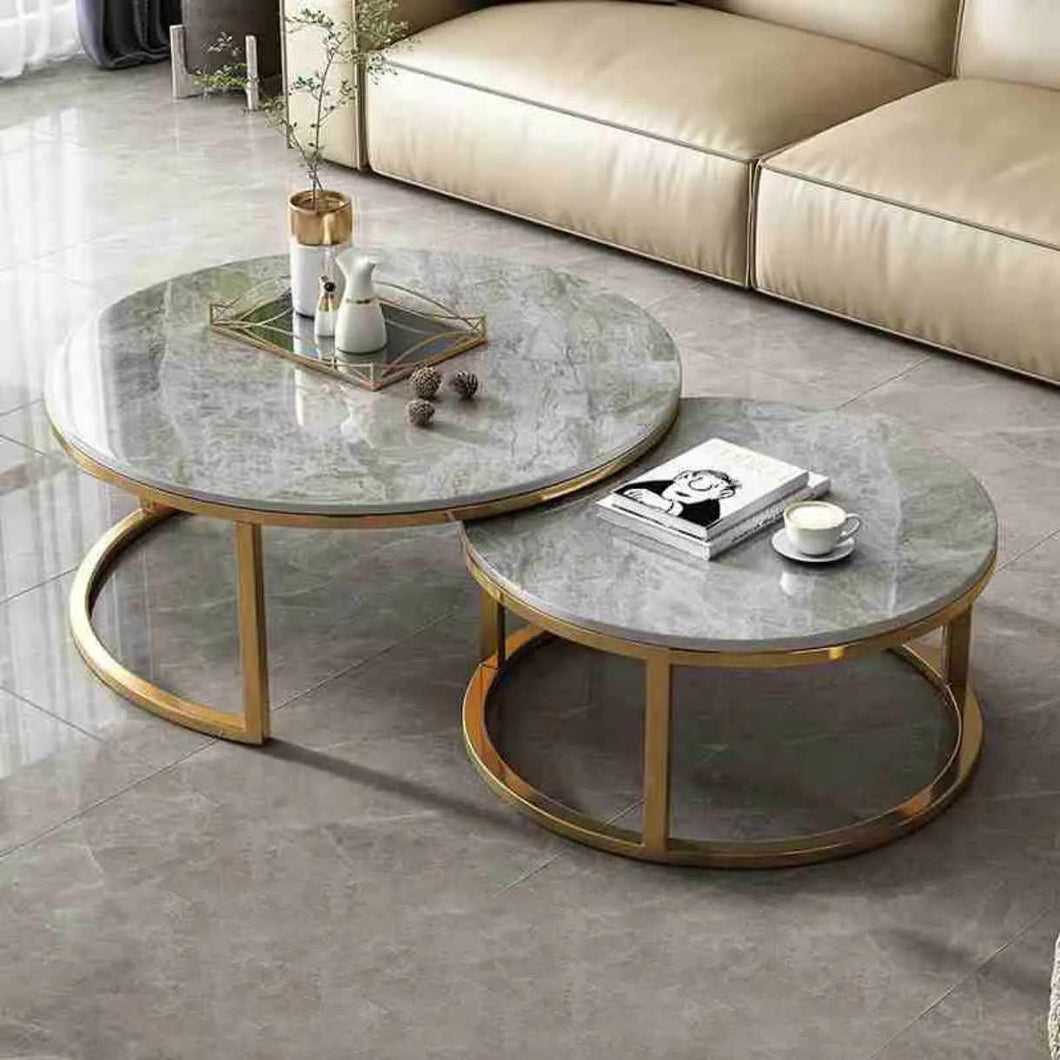 Luxury Marble Top Coffee Table | Modern Simple White Metal and Gold Nesting Tables | Contemporary Stone Panel Living Room Furniture Set