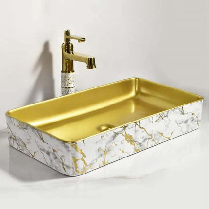 Luxury Gold Marble Rectangular Porcelain Basin – Modern Countertop Bathroom Sink for Home, Villa, and Hotel