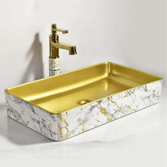 Luxury Gold Marble Rectangular Porcelain Basin – Modern Countertop Bathroom Sink for Home, Villa, and Hotel